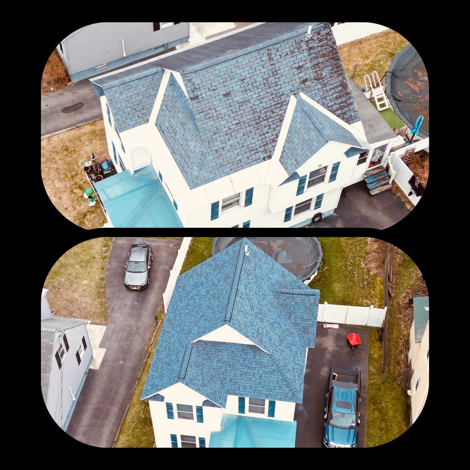 before and after image of a blue roof