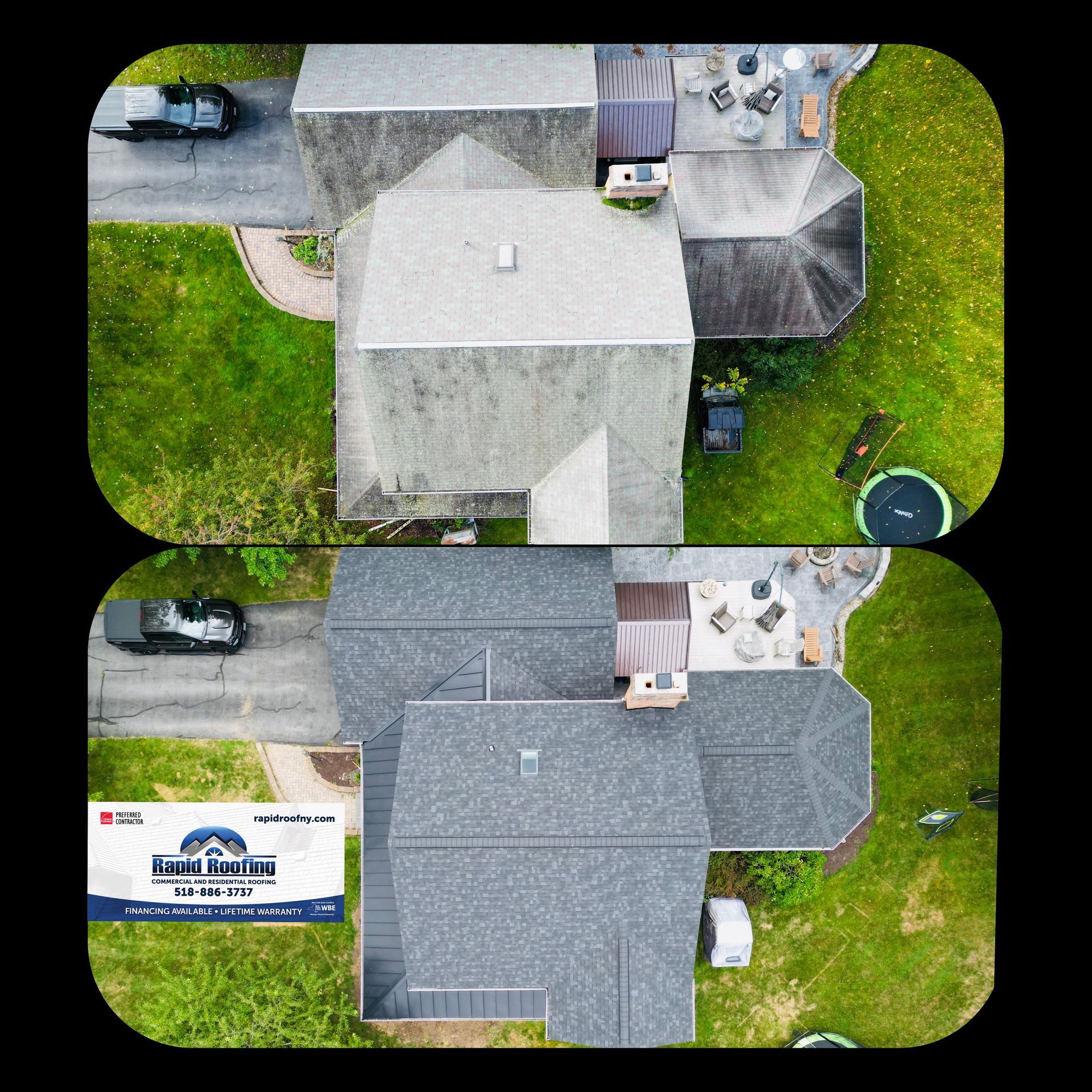 An aerial view of a house before and after a roof replacement