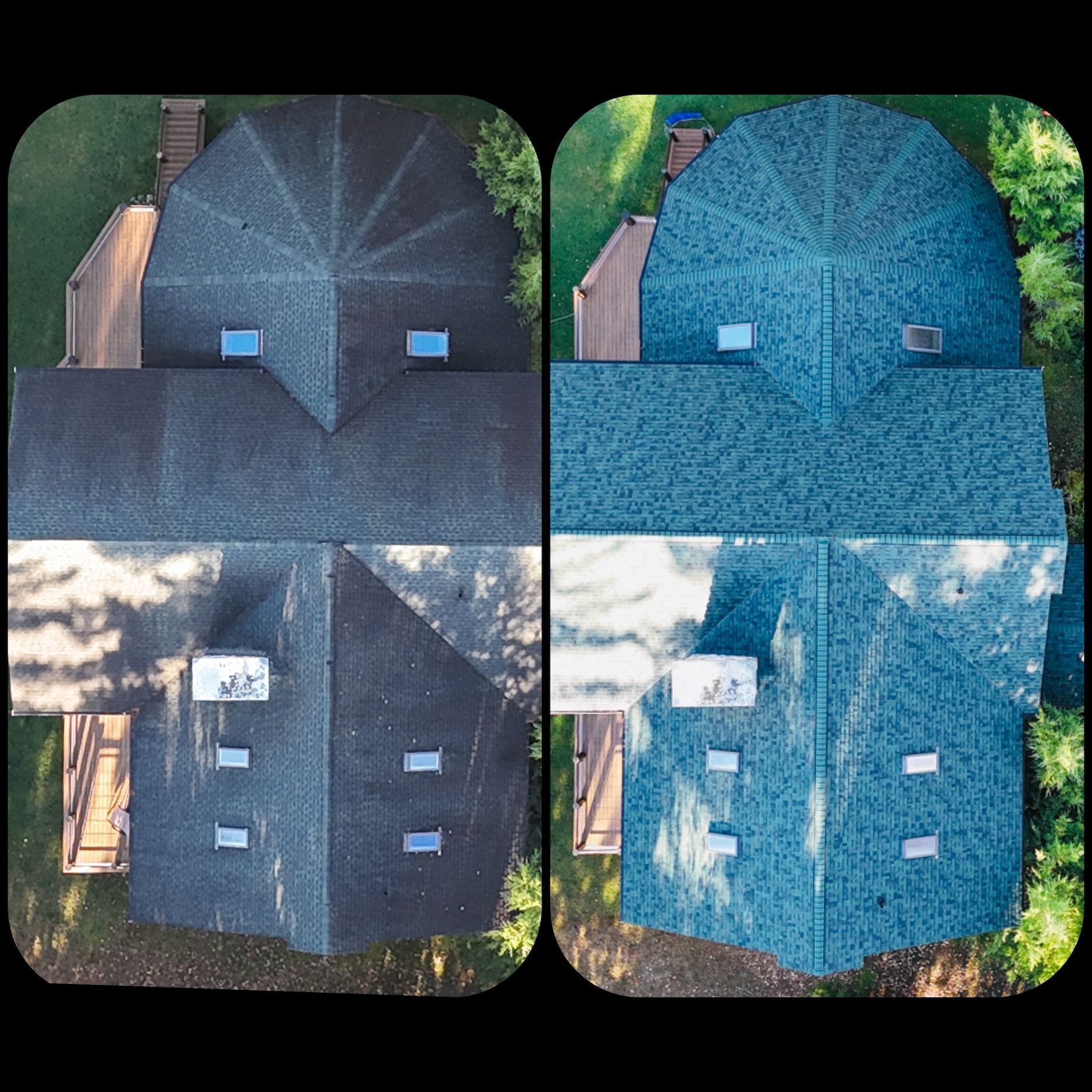 Overhead view of a house with dark gray roof before and after cleaning.