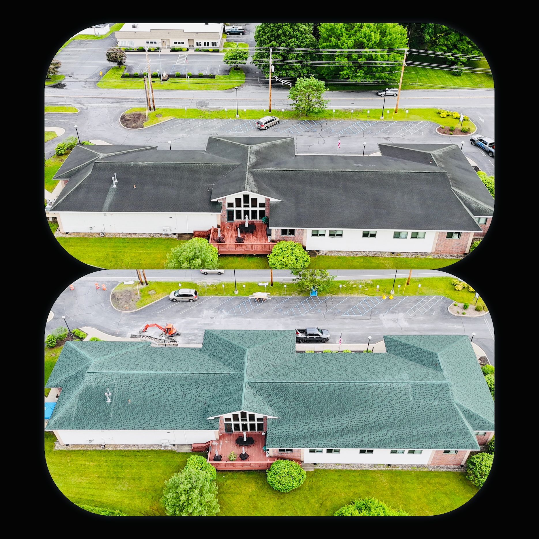 In the top image, the roof appears worn and dark, while the bottom image reveals a revitalized appearance with a newly installed green roof.