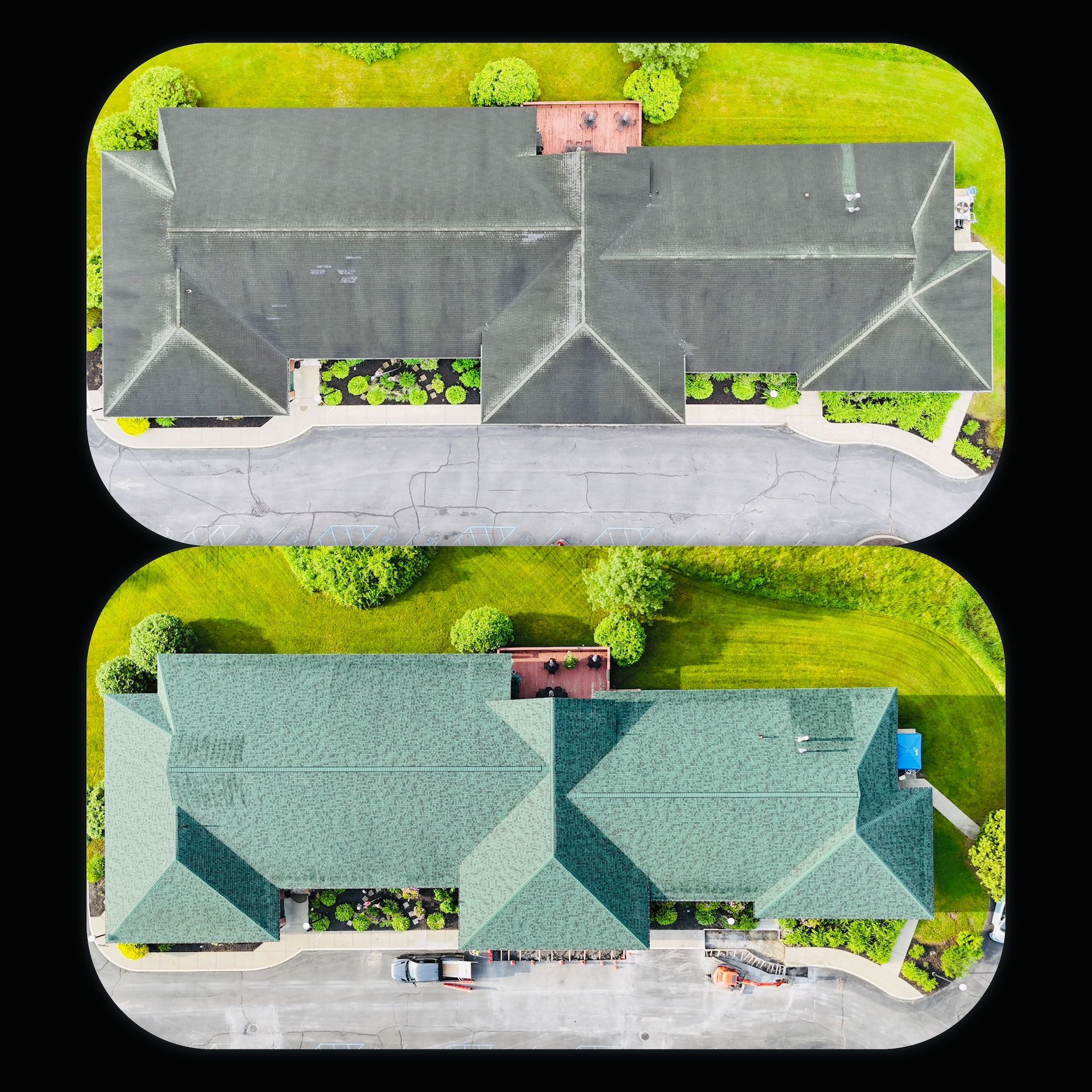 The top view shows the building before roof replacement, with a dark, aged roof; the bottom view presents the same structure with a vibrant new green roof.