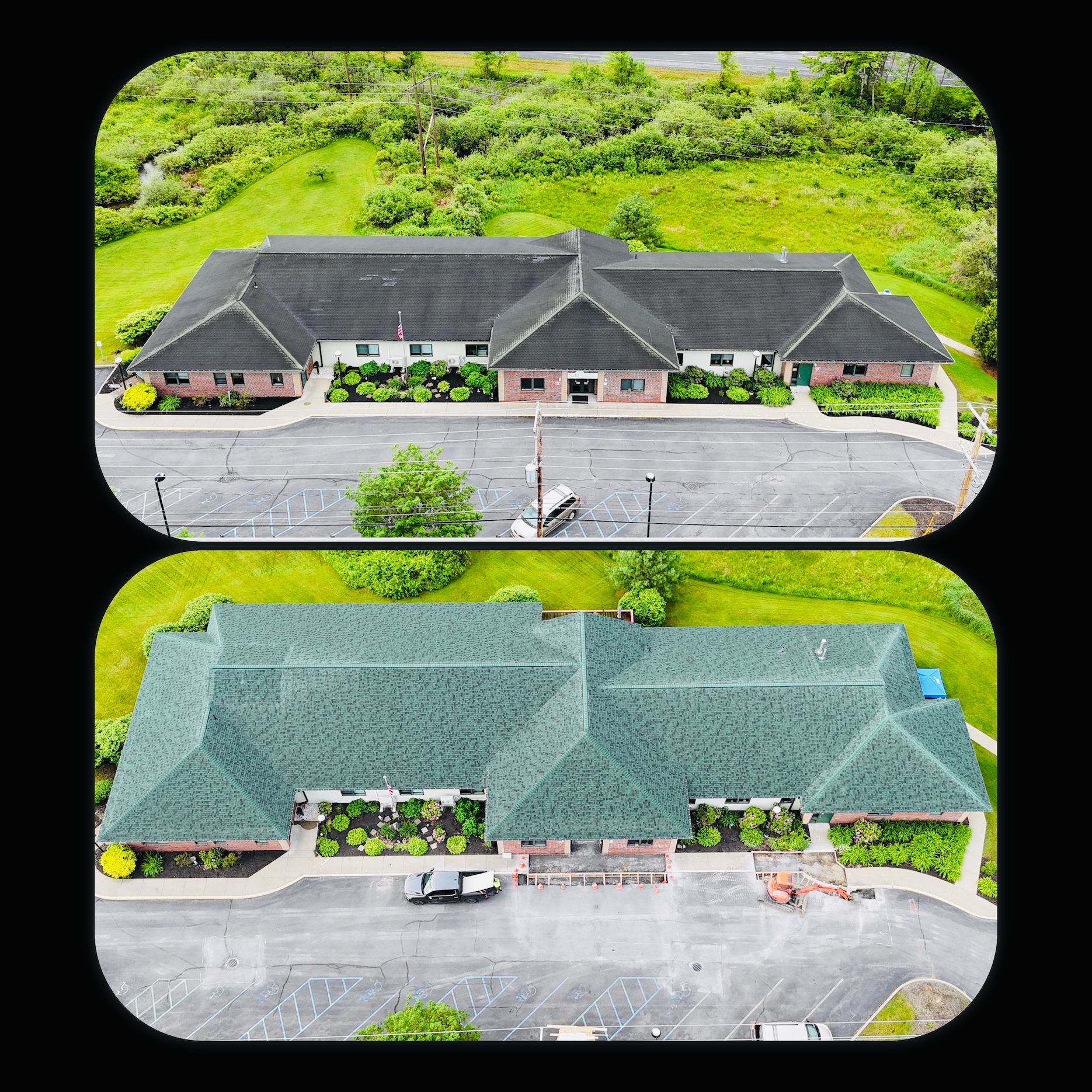 The top image shows the original dark, worn roof, while the bottom image displays a newly installed green roof with improved visual appeal.