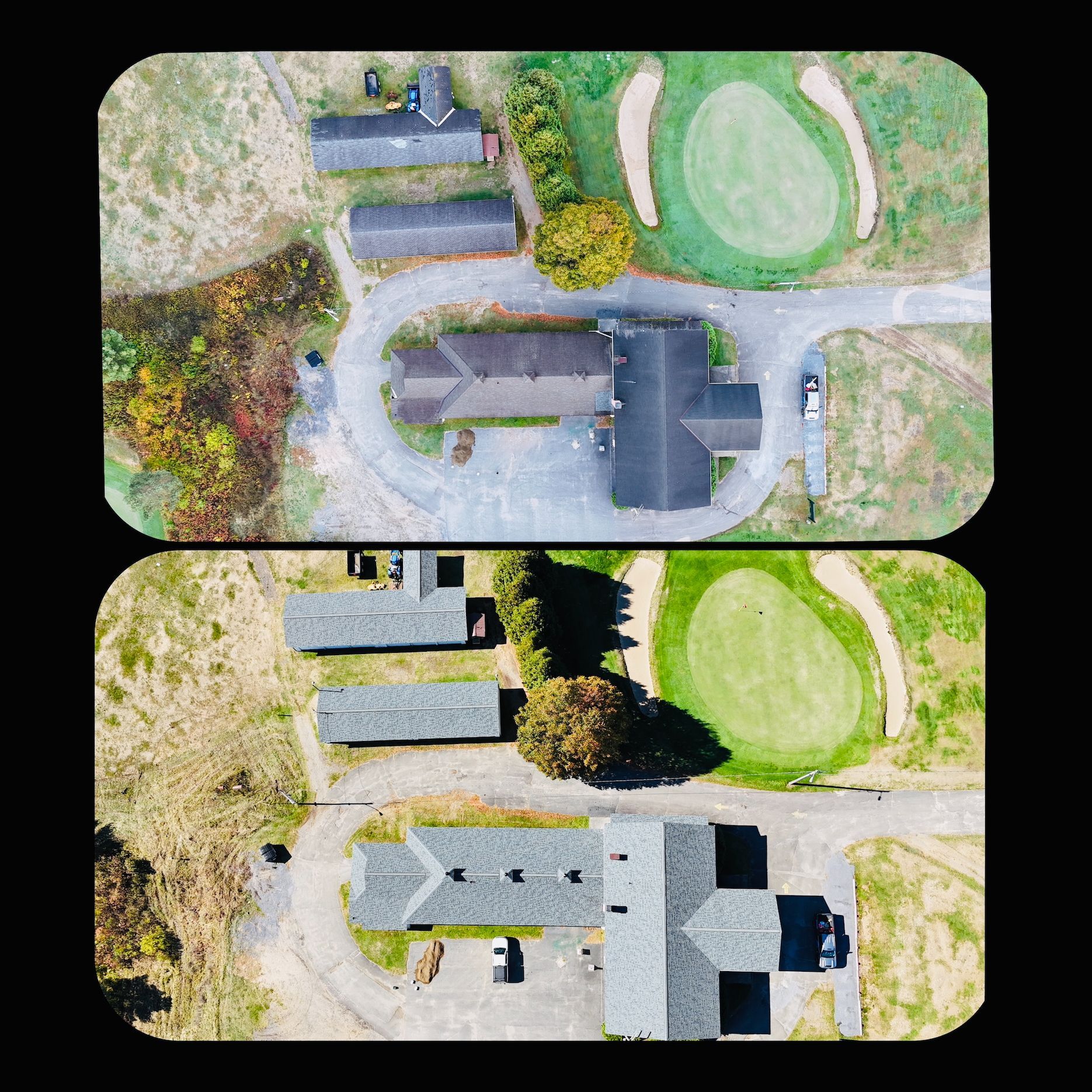 Overhead view of two buildings, golf course, and road. Grassy fields surround the structures.