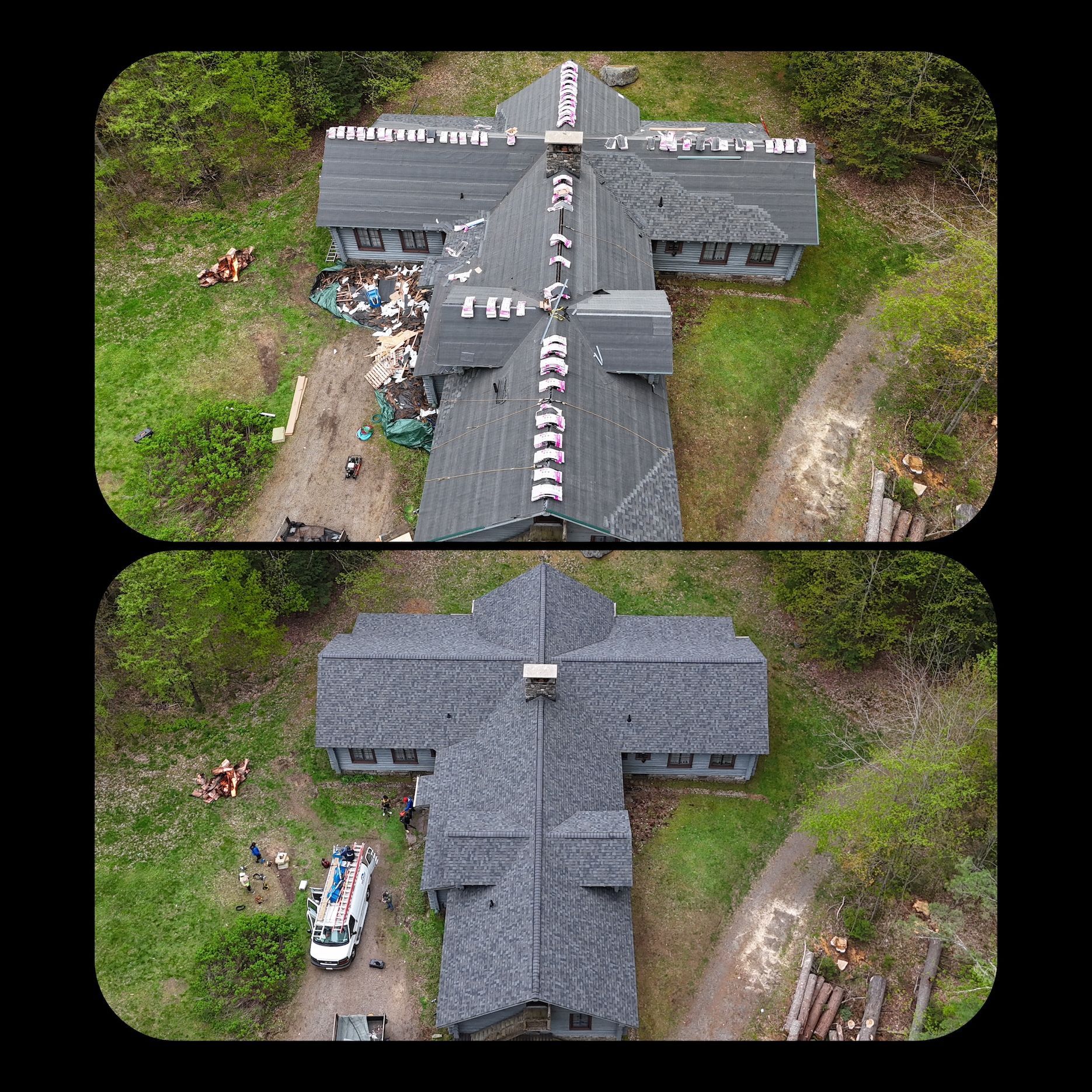 An aerial view of a house before and after a roof replacement