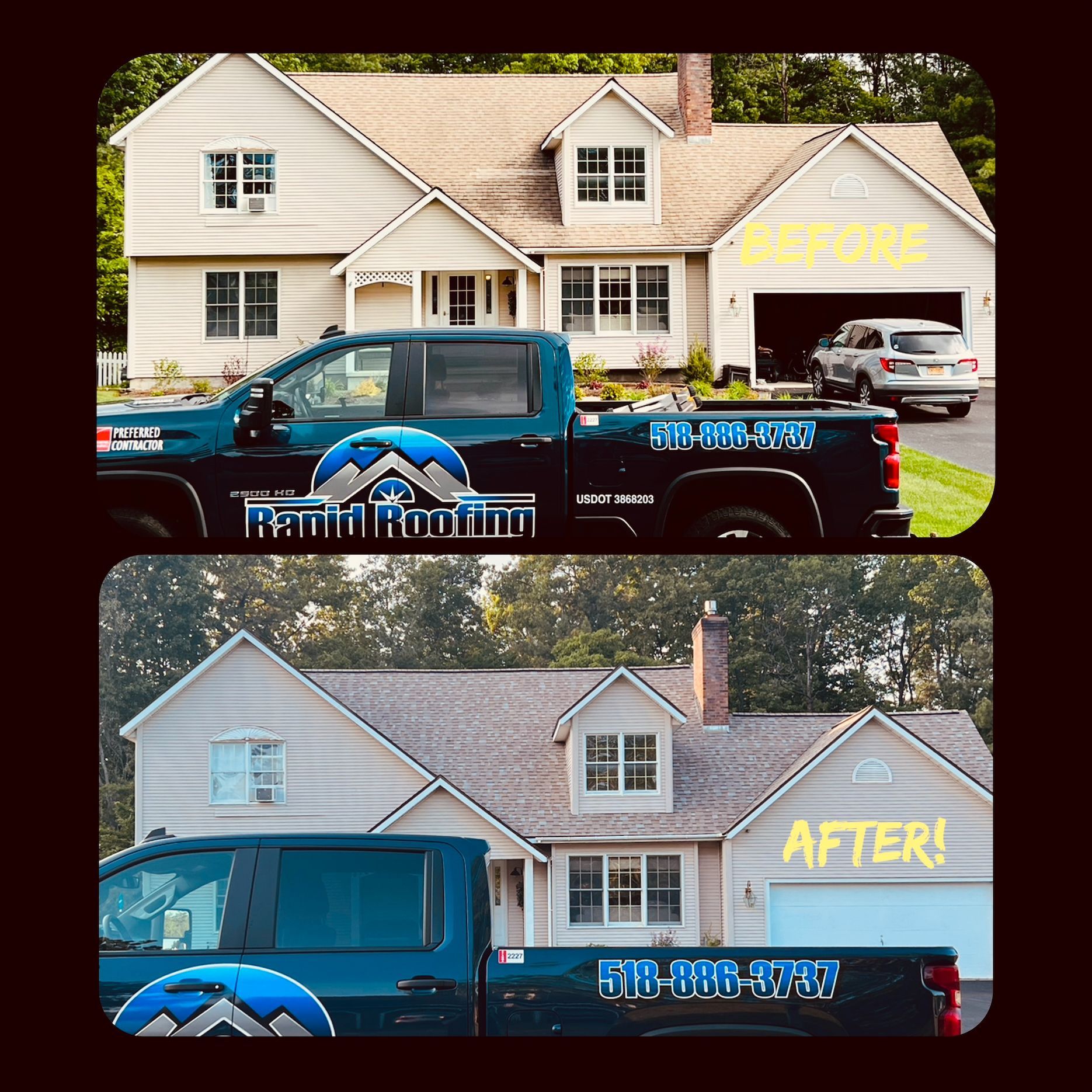 before and after image of a house with car park