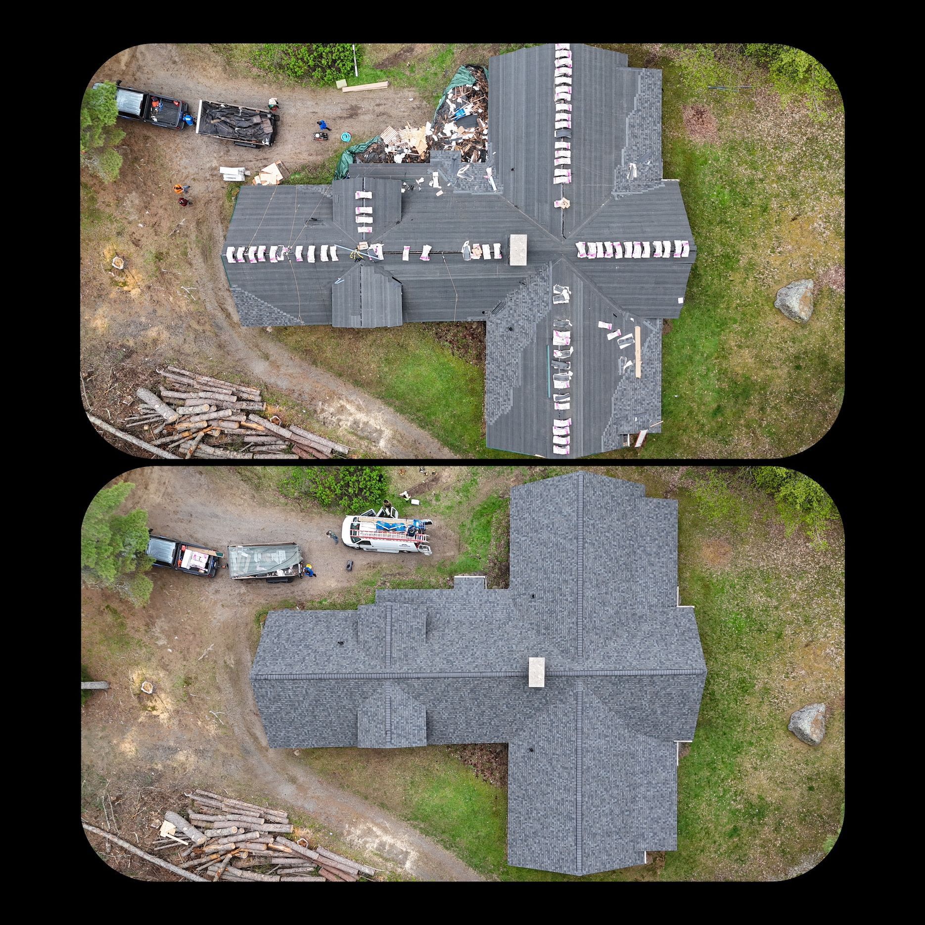 An aerial view of a house roof before and after