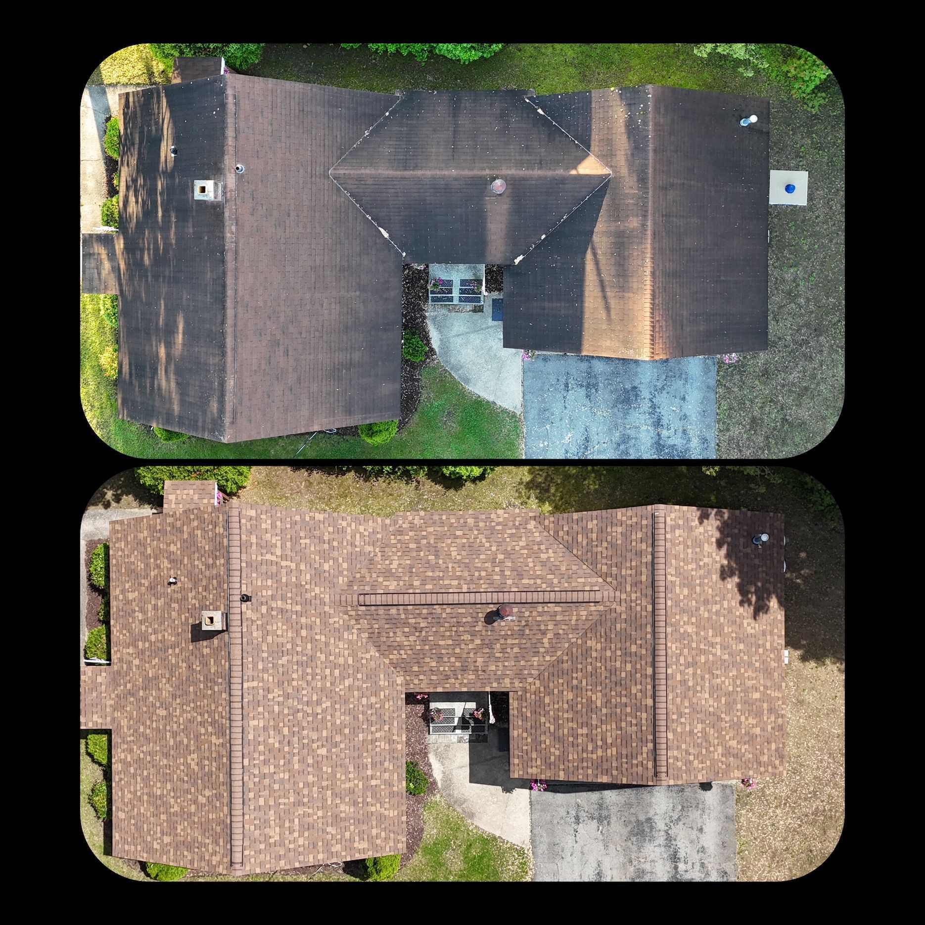 An aerial view of a roof before and after being cleaned