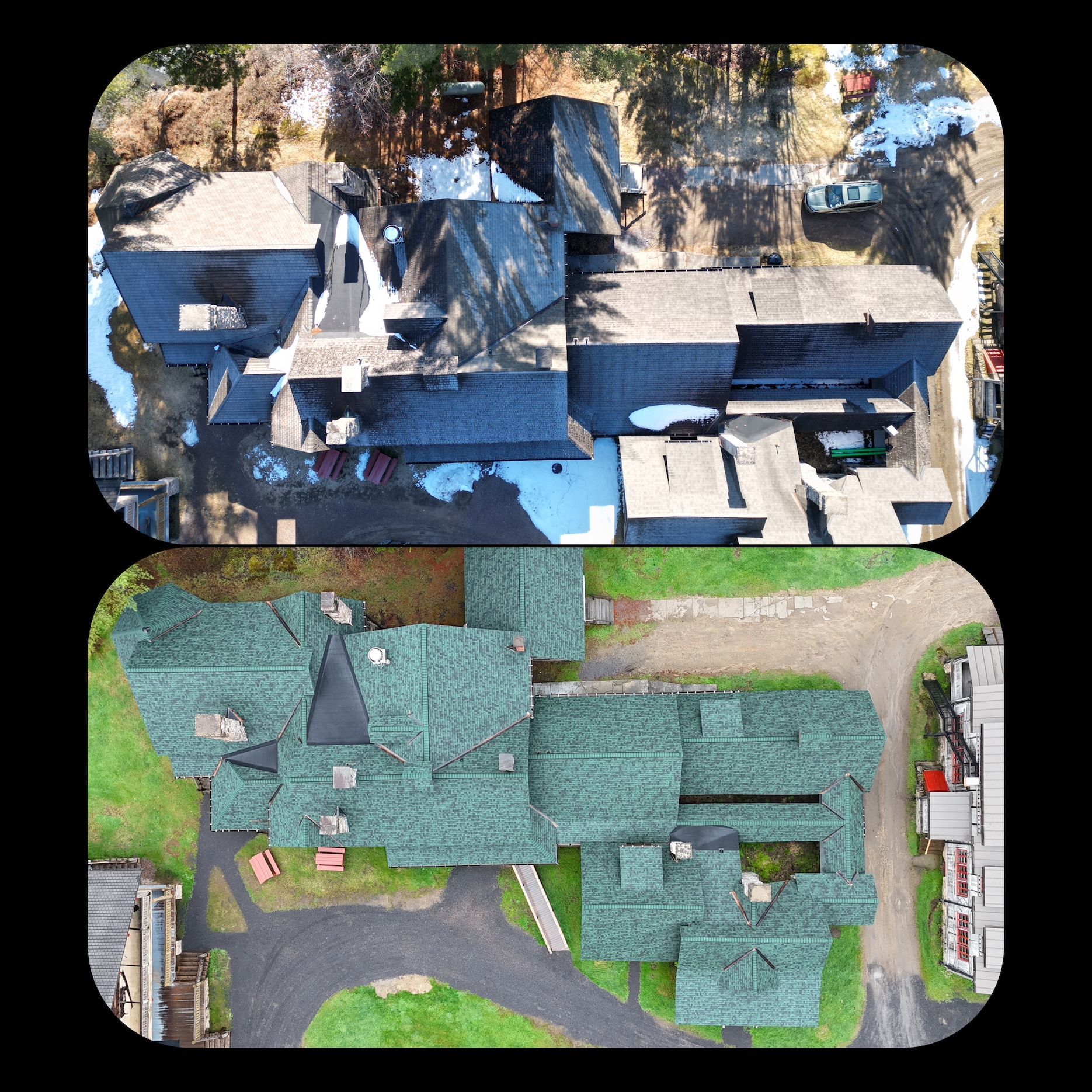 An aerial view of a house with a green roof