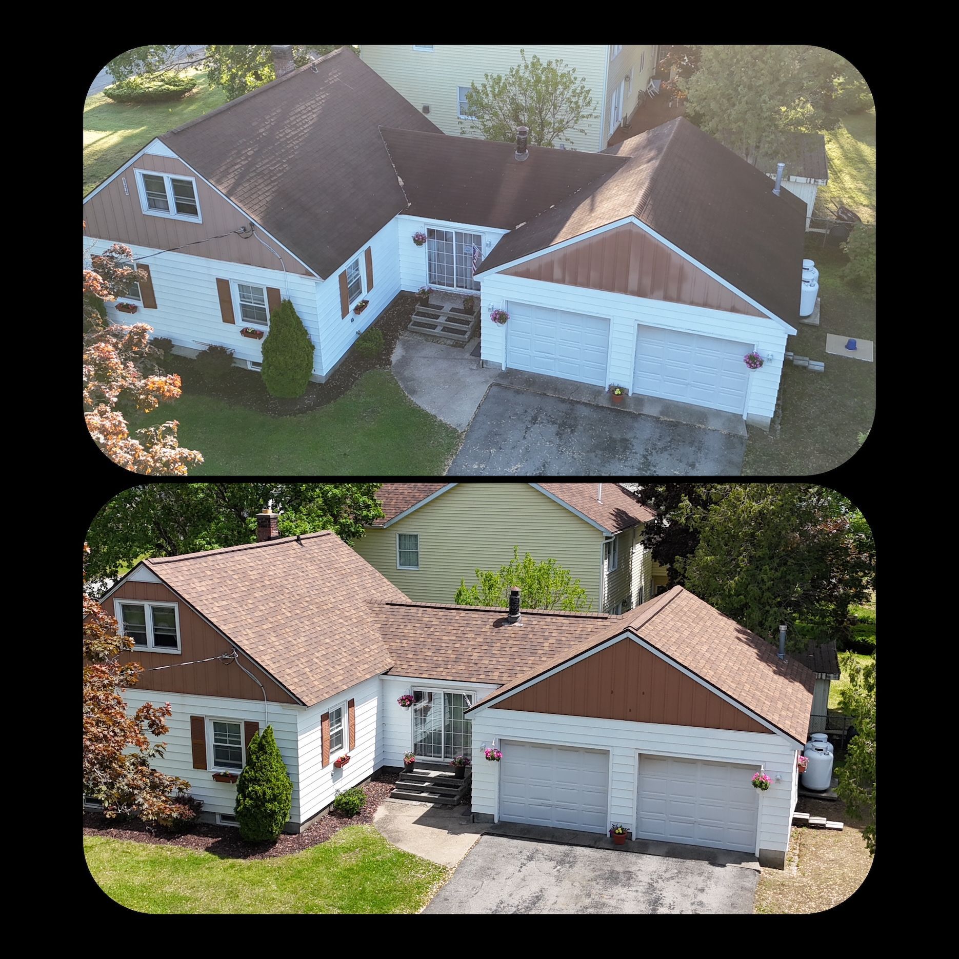 A before and after picture of a house with a brown roof
