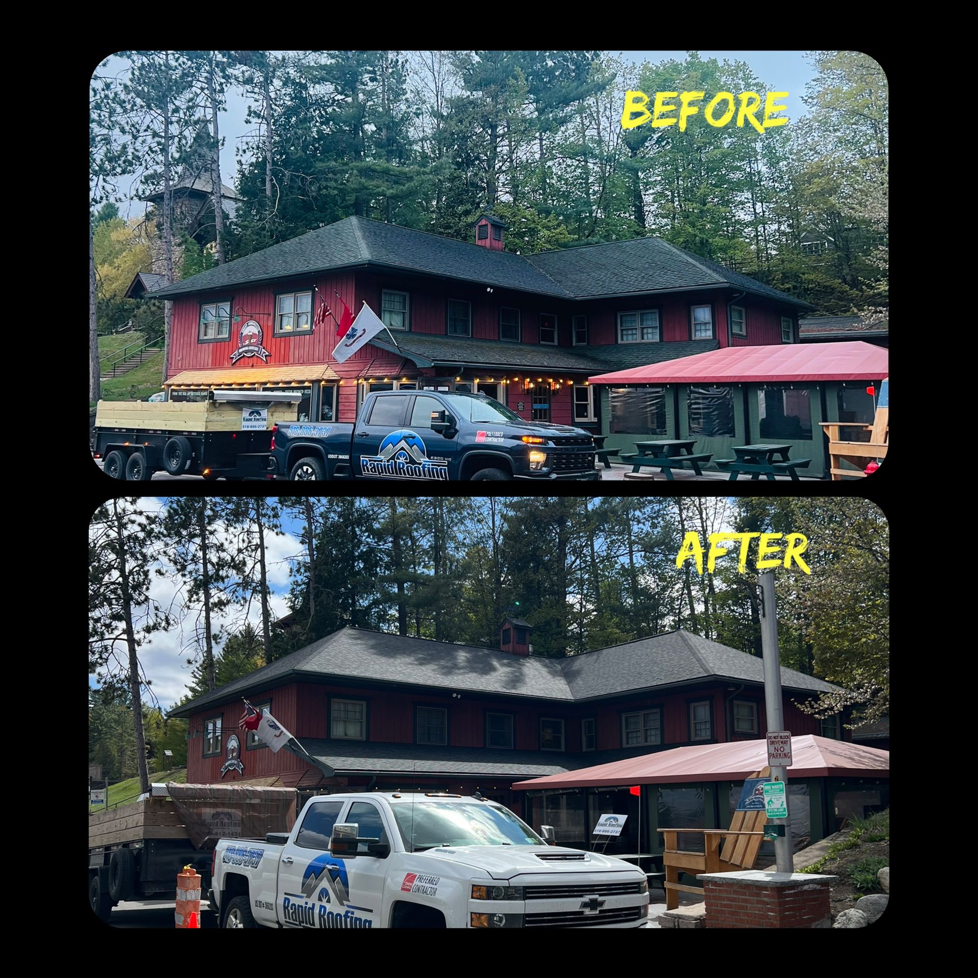 A before and after picture of a house with a truck parked in front of it.