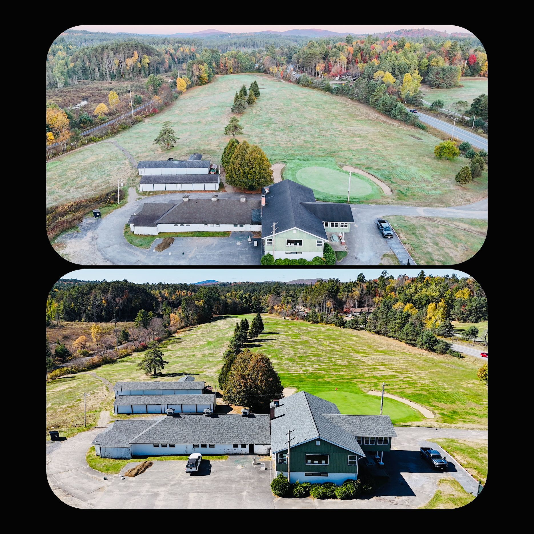 Two aerial views of a golf course clubhouse and green surrounded by autumn foliage.