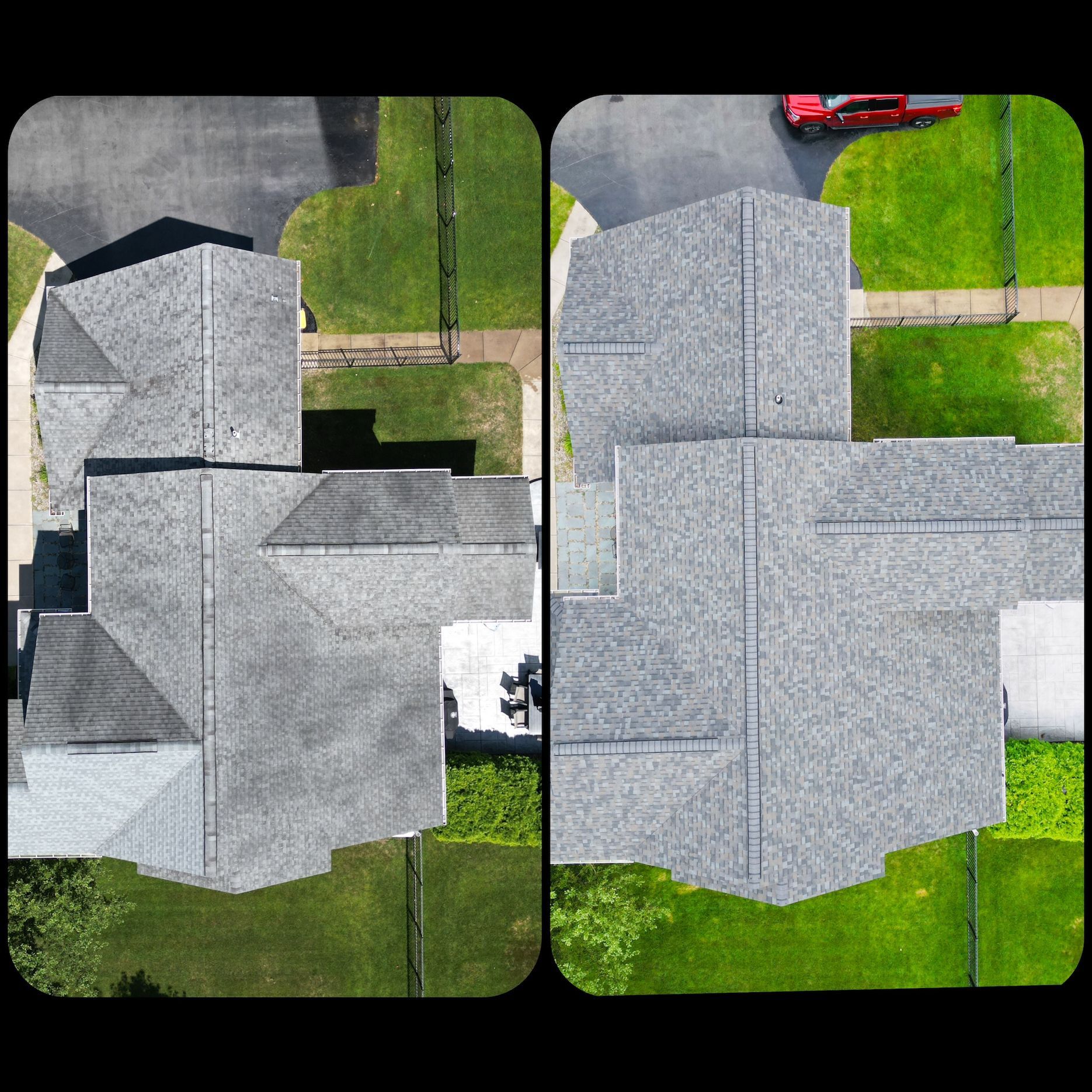 A before and after picture of a roof of a house