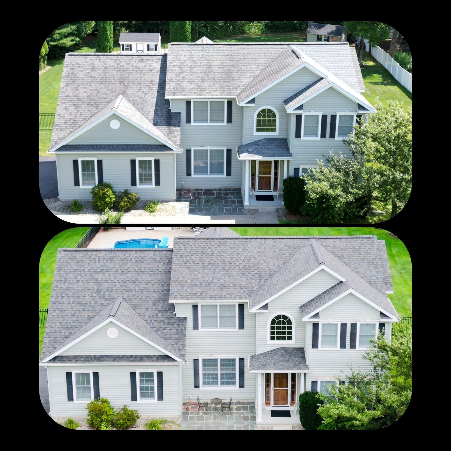 An aerial view of a house before and after being painted