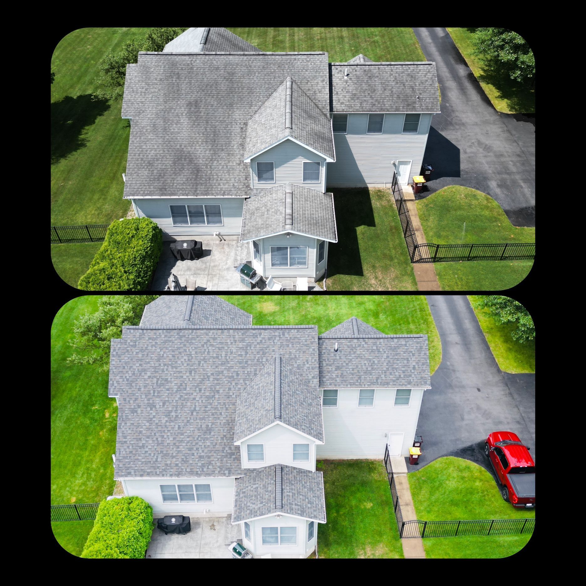 An aerial view of a house before and after roof cleaning