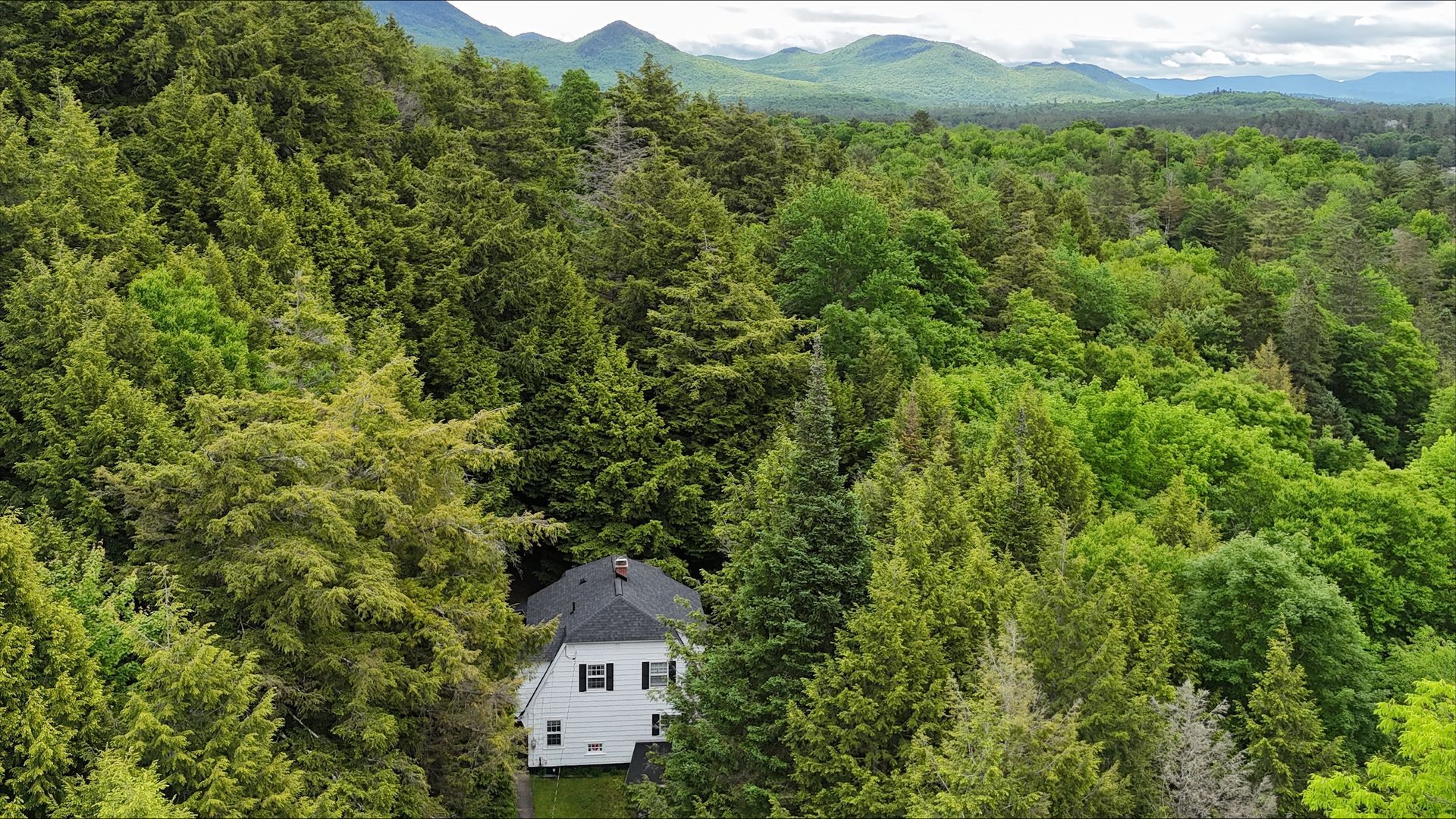 An aerial view of a house in the middle of a forest.
