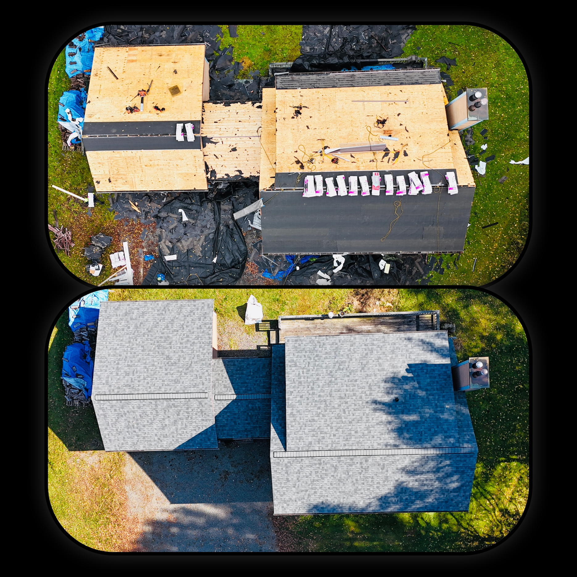 An aerial view of a house before and after a roof replacement.