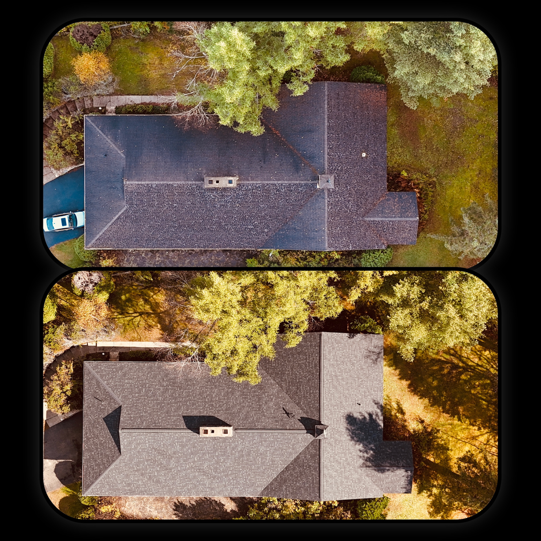An aerial view of a house's roof before and after being cleaned.