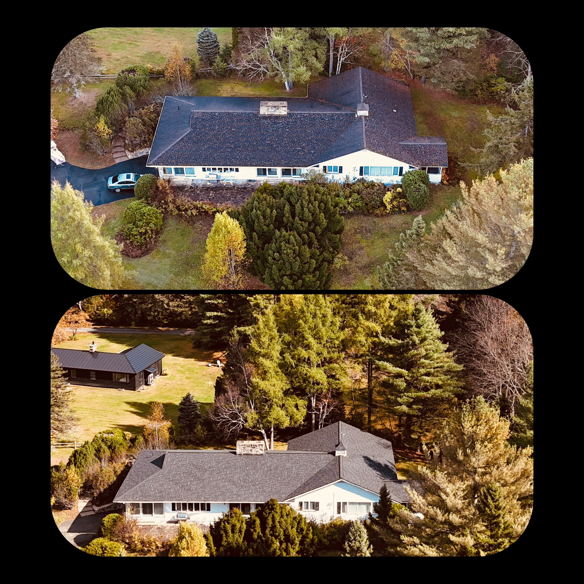 View of a house before and after a roof replacement.