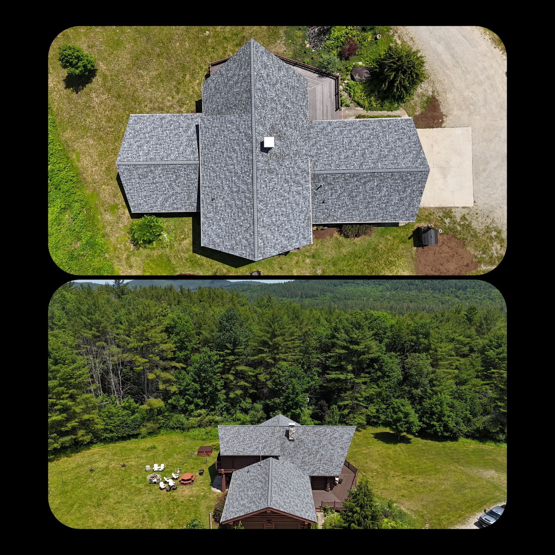 An aerial view of a house with a lot of trees in the background.