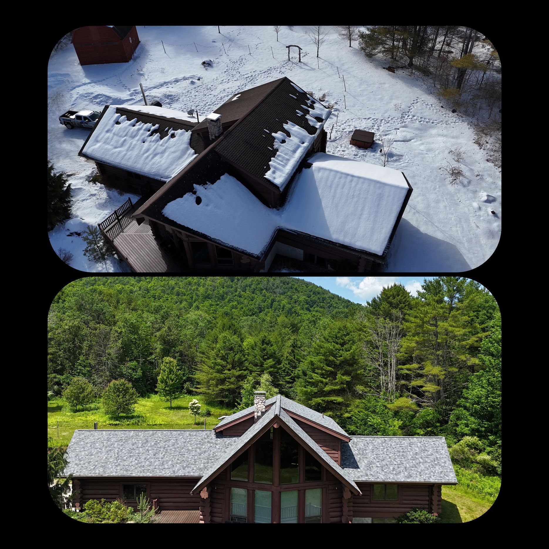 An aerial view of a log cabin with snow on the roof.