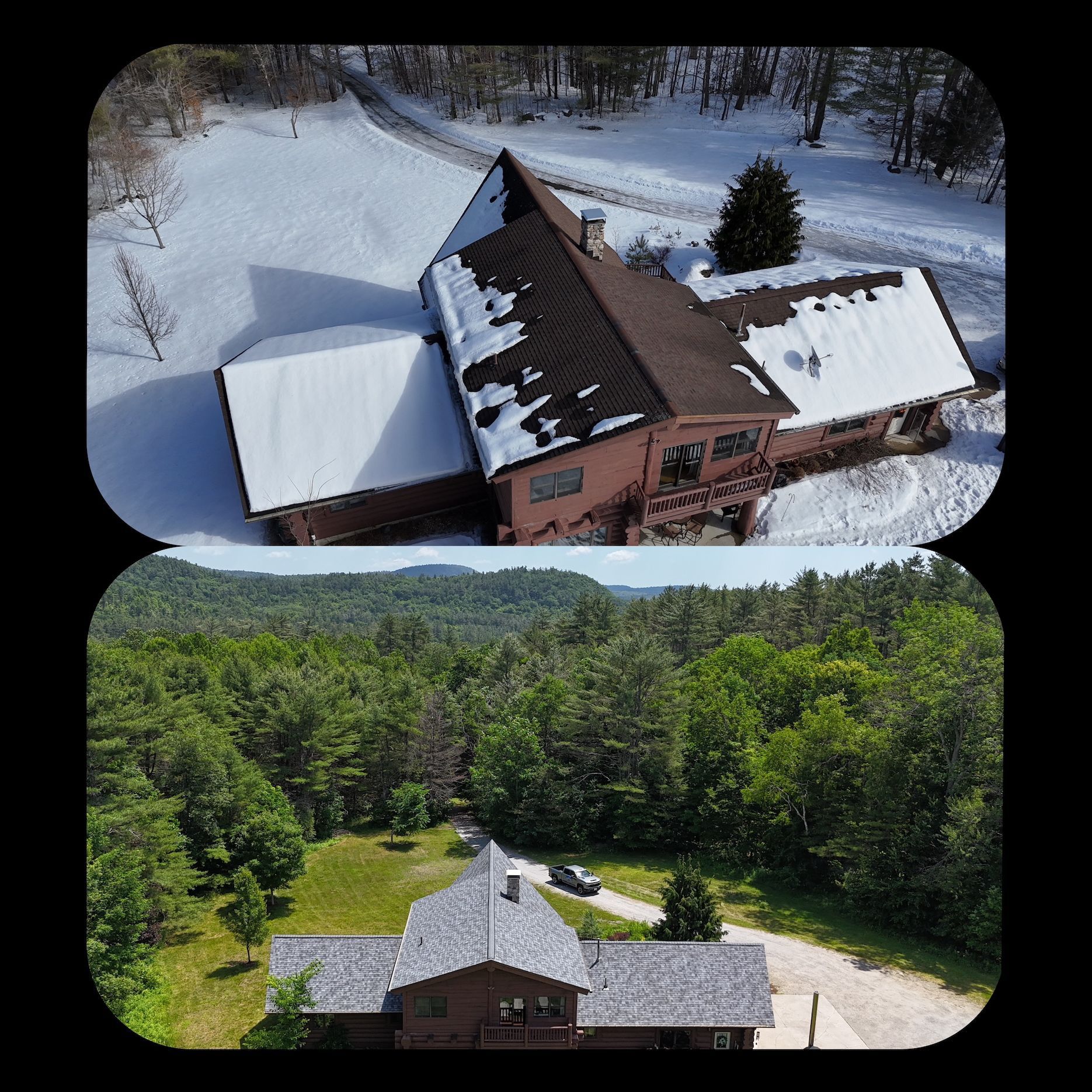 An aerial view of a house with snow on the roof.