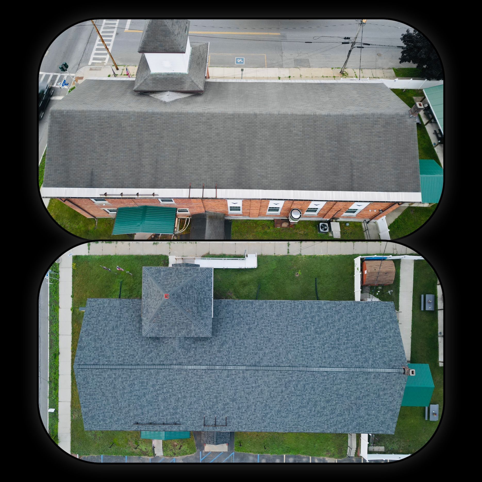 blue roof before and after top view