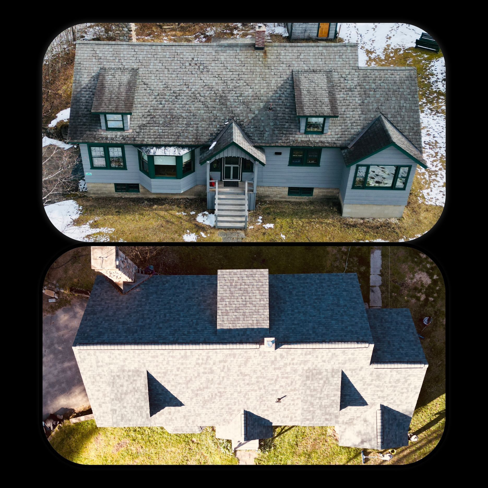 An aerial view of a house before and after a roof replacement