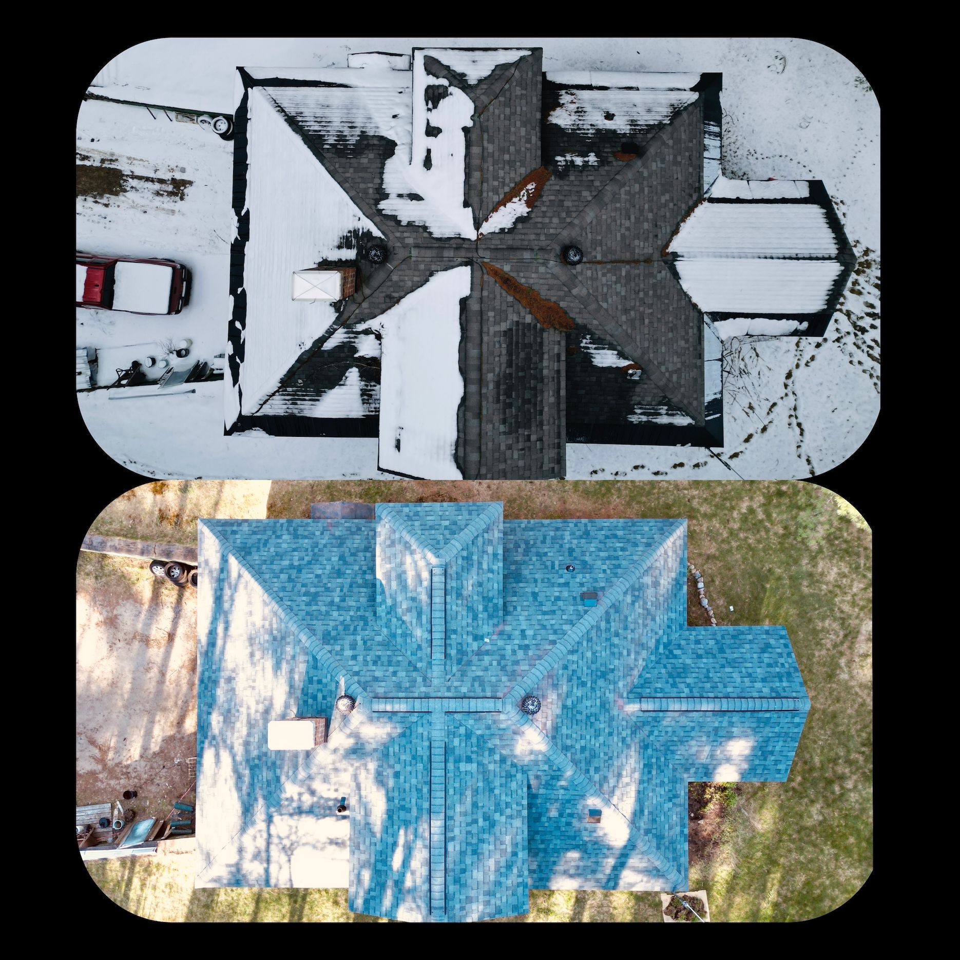An aerial view of a house with snow on the roof