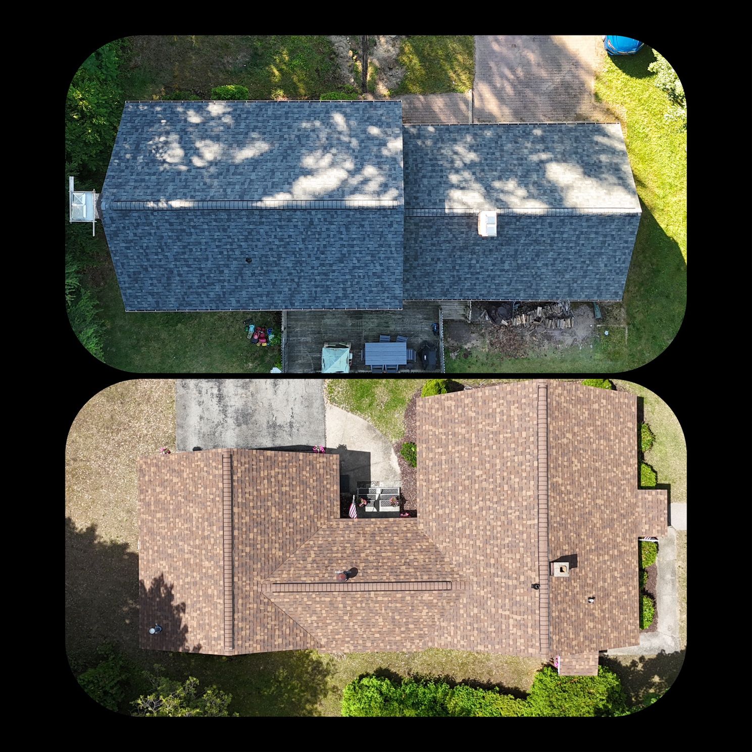 An aerial view of a house before and after a roof replacement.