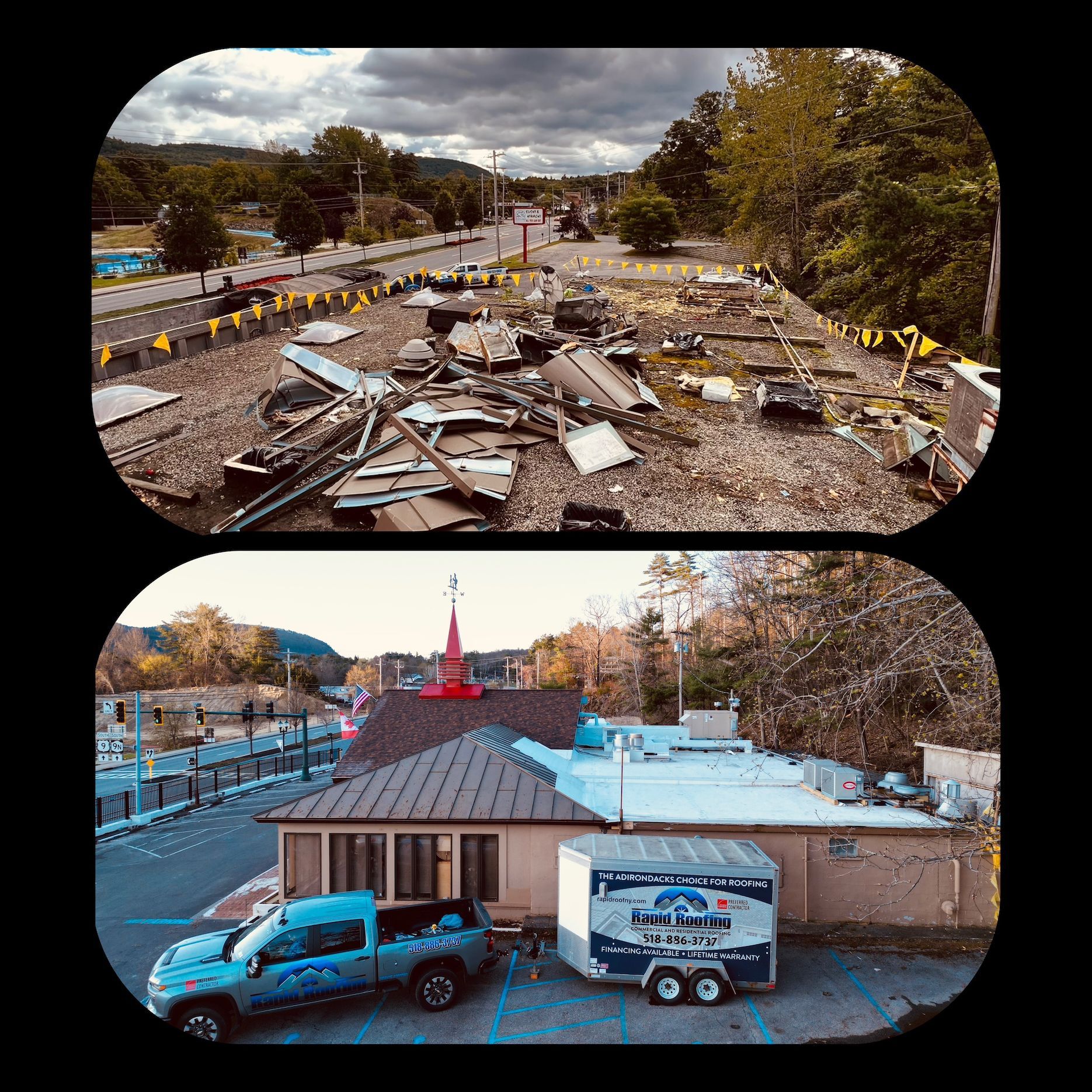 A truck is parked in front of a building with a trailer attached to it.