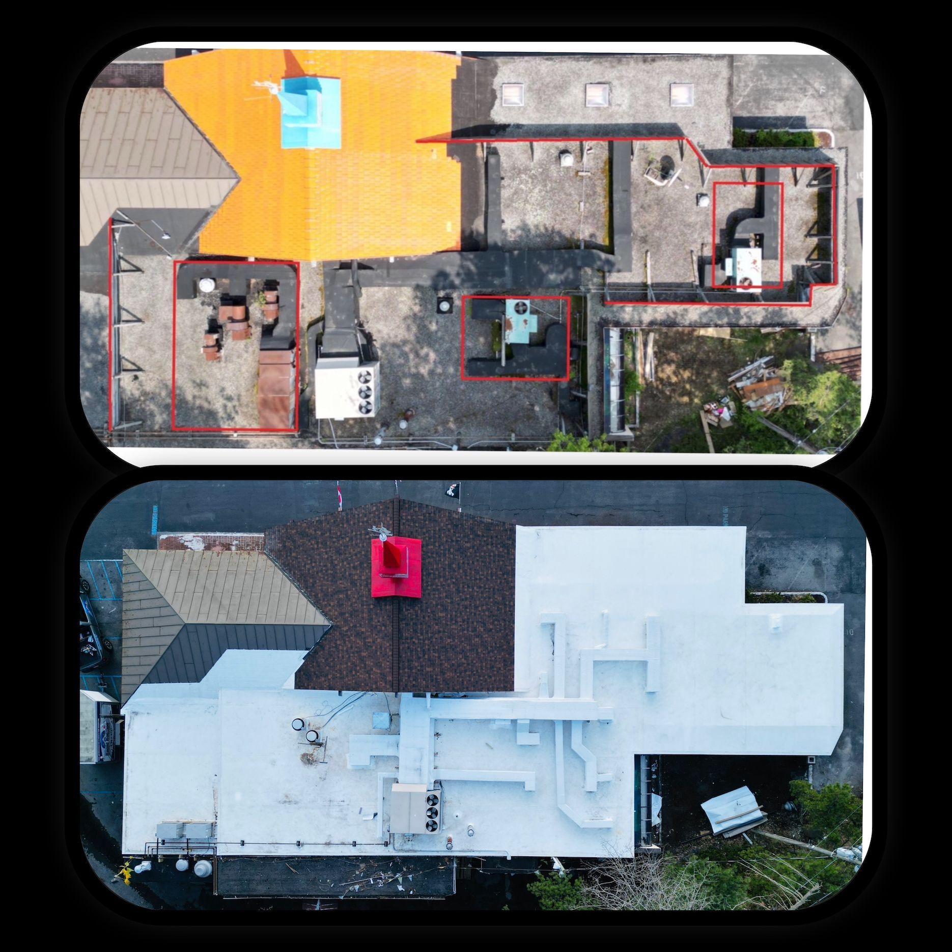 An aerial view of a building before and after being painted white