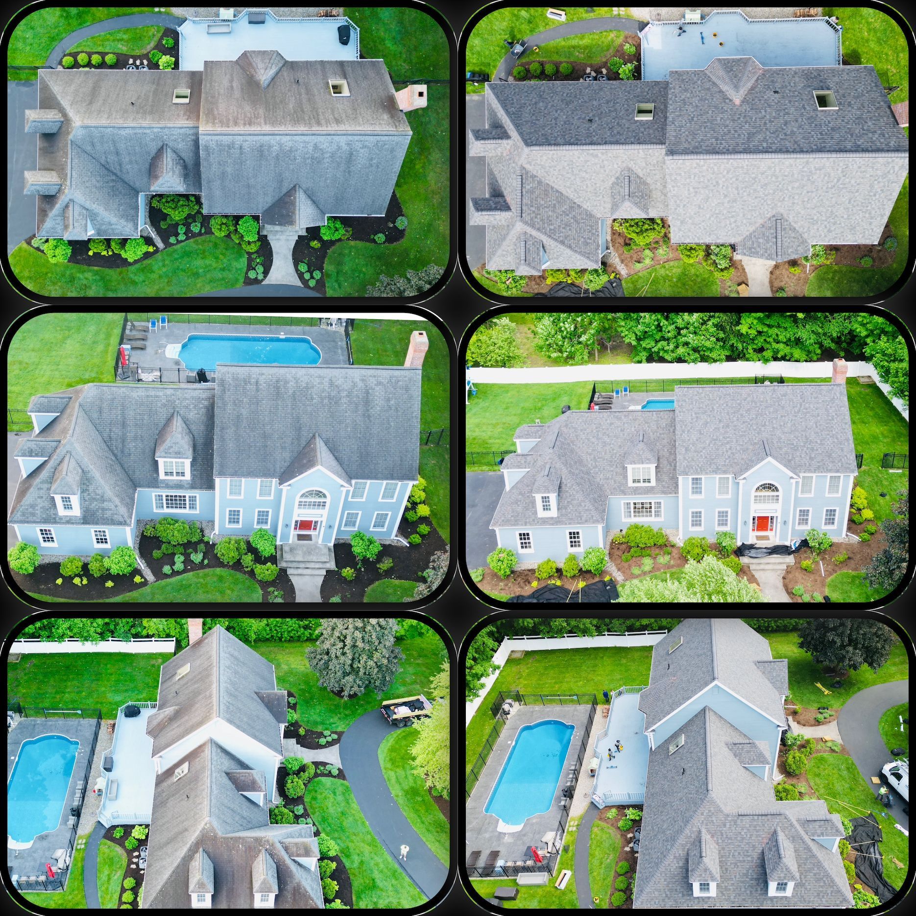 An aerial view of a large house with a pool