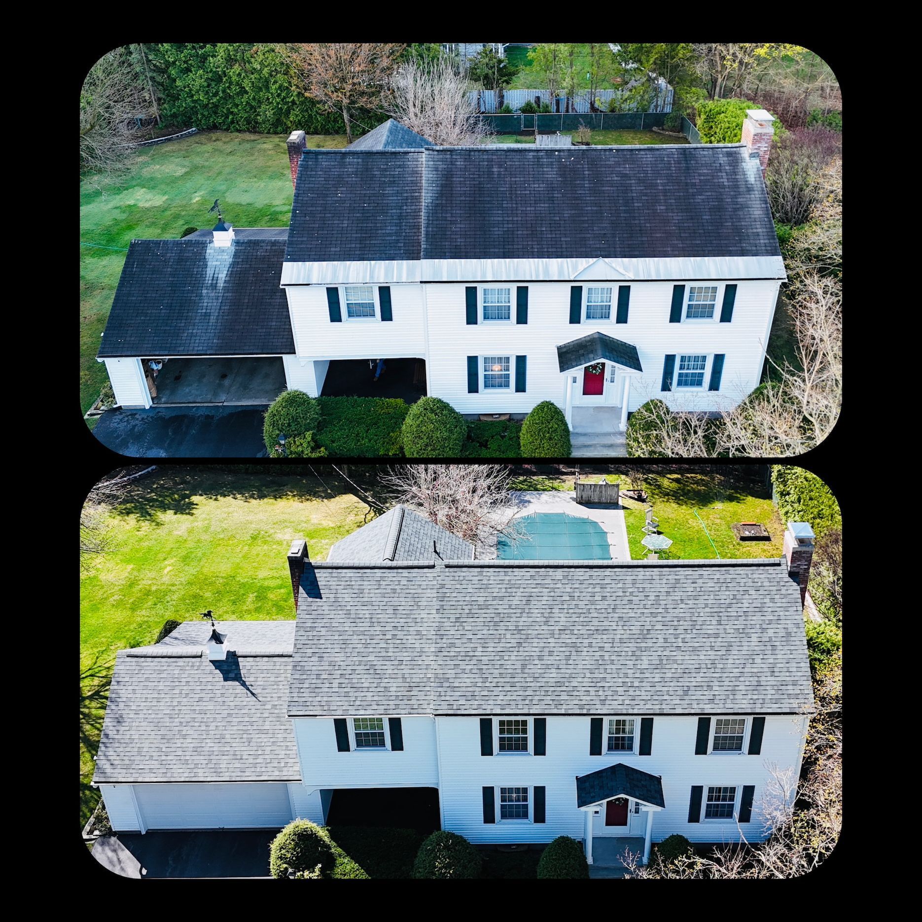 A before and after picture of a house with a black roof.