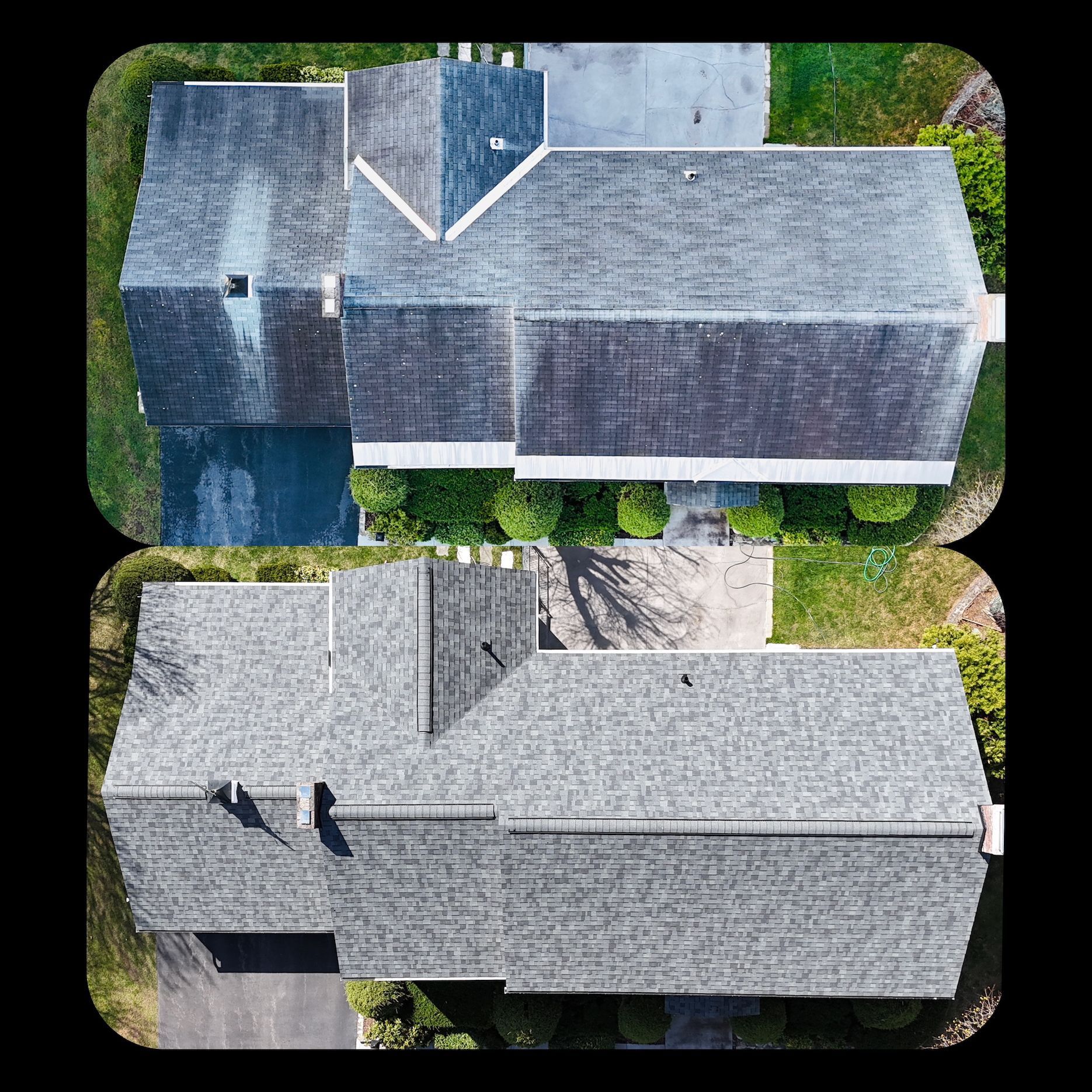 An aerial view of a house with a roof before and after cleaning.