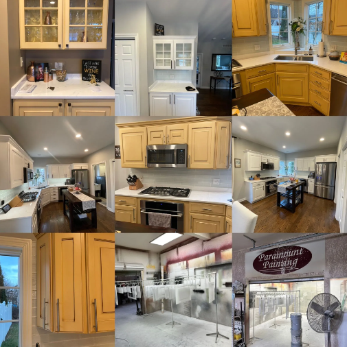 Collage of various kitchens with different cabinet styles and a painting studio.