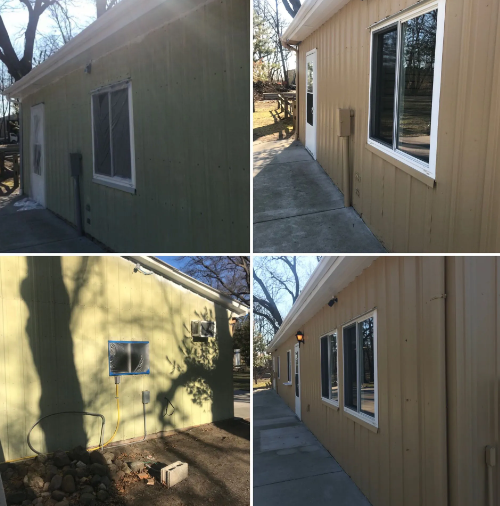 Four photos of a building with light green and tan siding, white trim, and windows along a walkway.