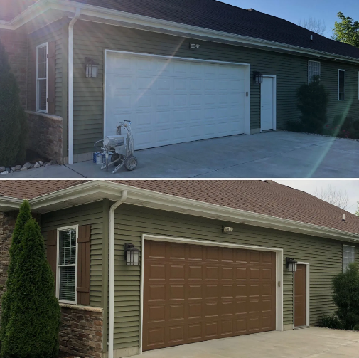 Before and after of a home's garage door. Top: white door. Bottom: brown door. Green siding, white trim.