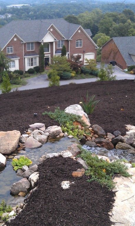 Water feature with rocks and plants in front of a large house with a dark roof.
