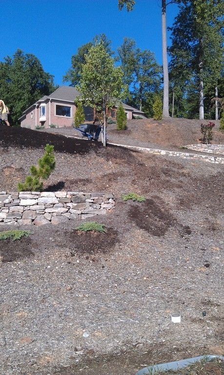 A house on a hillside with freshly planted landscaping, including trees and stone retaining walls, under a blue sky.