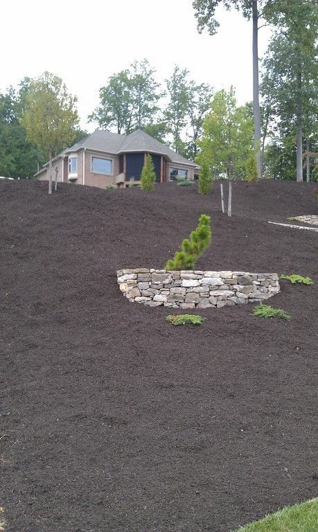House on a hill with a mulched slope and stone retaining wall. Trees in the background.
