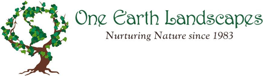 Logo of One Earth Landscapes: tree with earth-shaped leaves, green text "One Earth Landscapes", "Nurturing Nature".