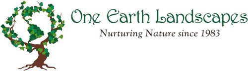Logo of One Earth Landscapes: tree with earth-shaped leaves, green text "One Earth Landscapes", "Nurturing Nature".
