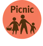 Brown silhouettes of a family holding hands within an orange circle, with the word