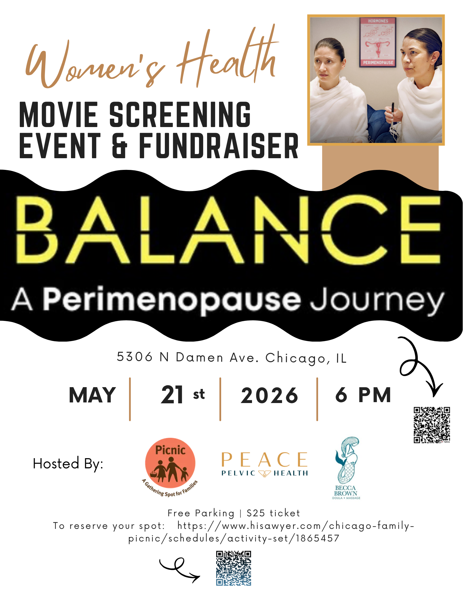 Event flyer for BALANCE: A Perimenopause Journey film screening and fundraiser on May 21, 2026, in Chicago, IL.