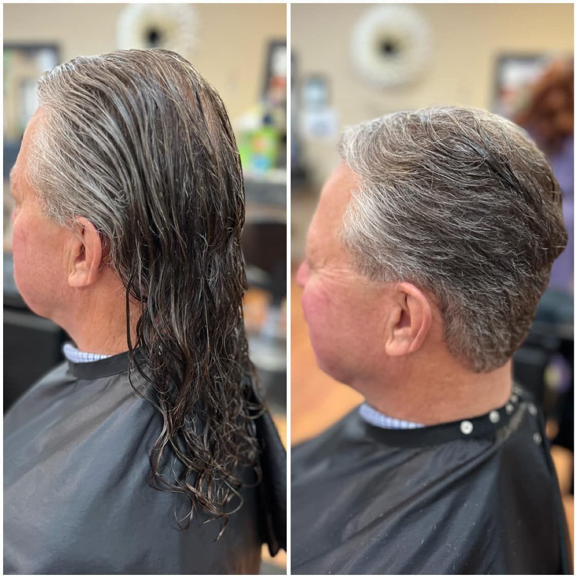 a before and after photo of a man getting his hair cut.