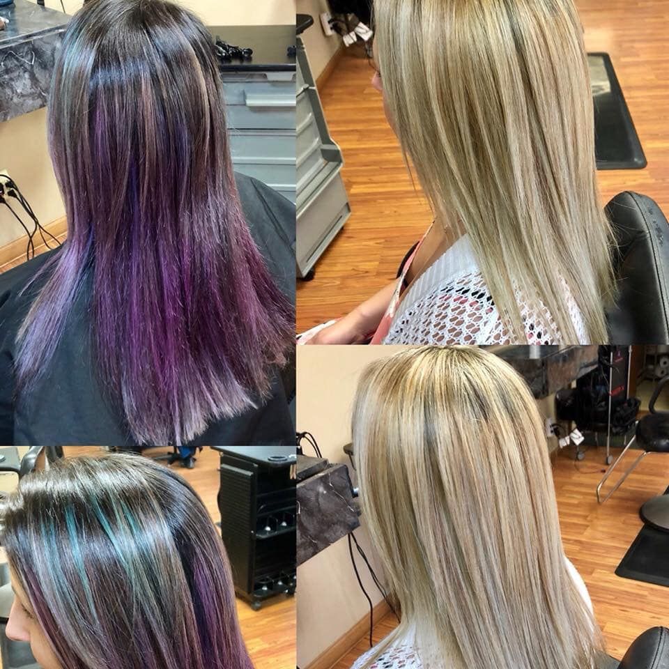 a collage of photos of a woman 's hair before and after being cut.