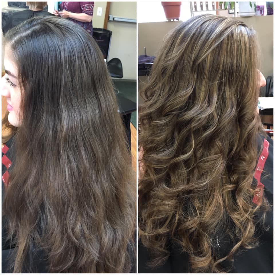 a before and after photo of a woman's hair in a salon.