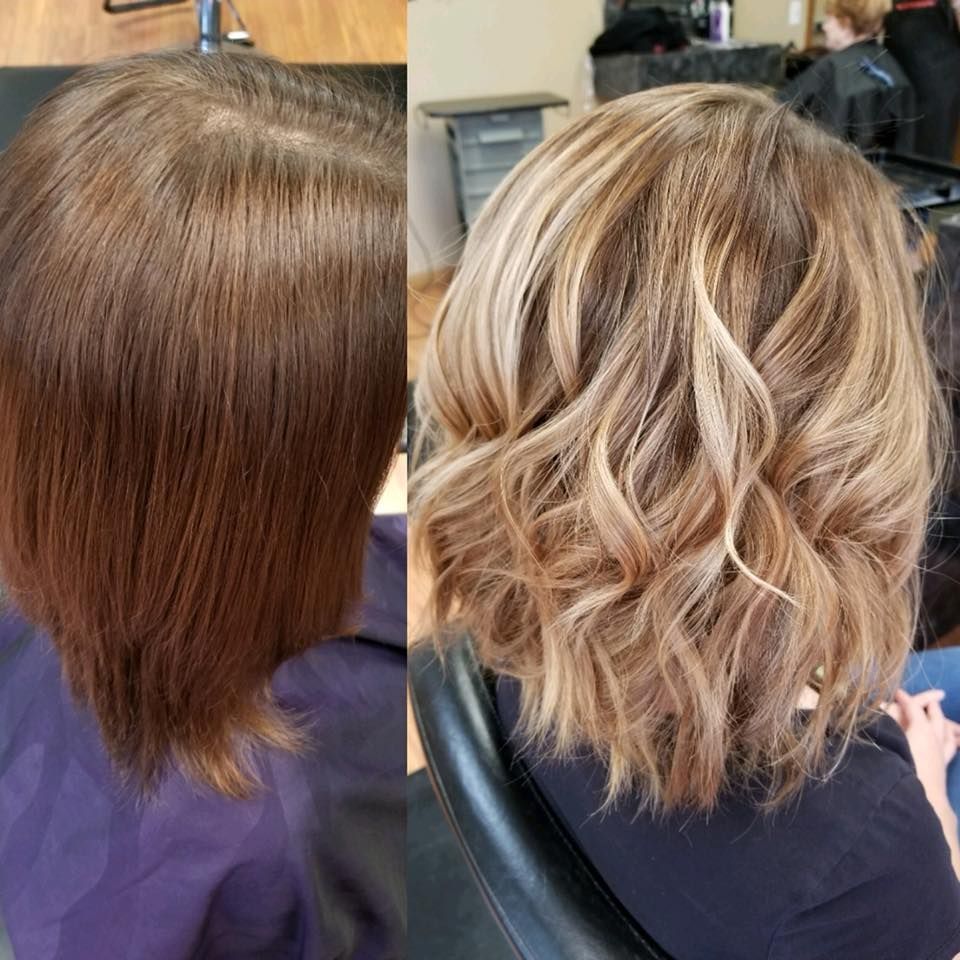 a before and after photo of a woman's hair in a salon.
