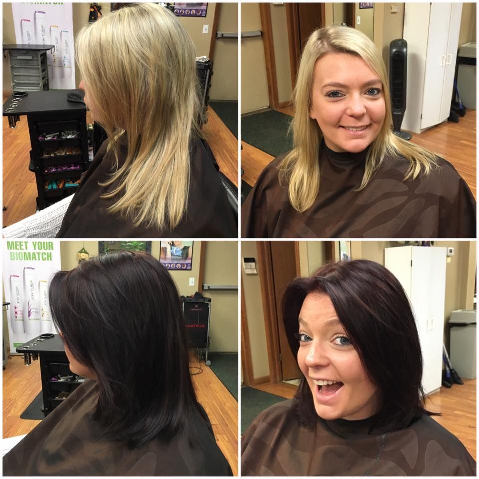 a woman is getting her hair cut in front of a sign that says meet your match.