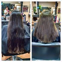 a before and after photo of a woman getting her hair cut in a salon.